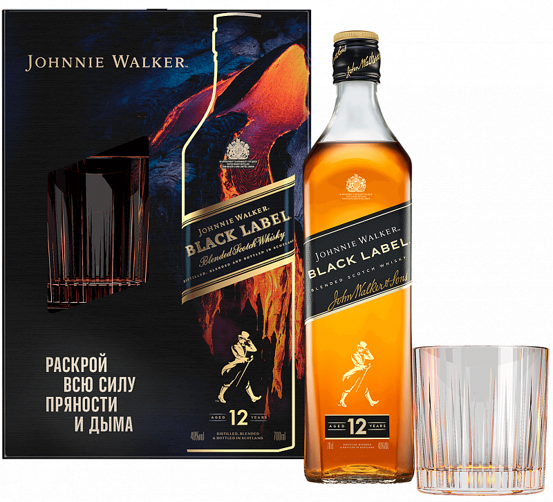 Джонни Уокер Блэк Лейбл Блендед купажированный виски в подарочной упаковке с бокалом 0.7 л